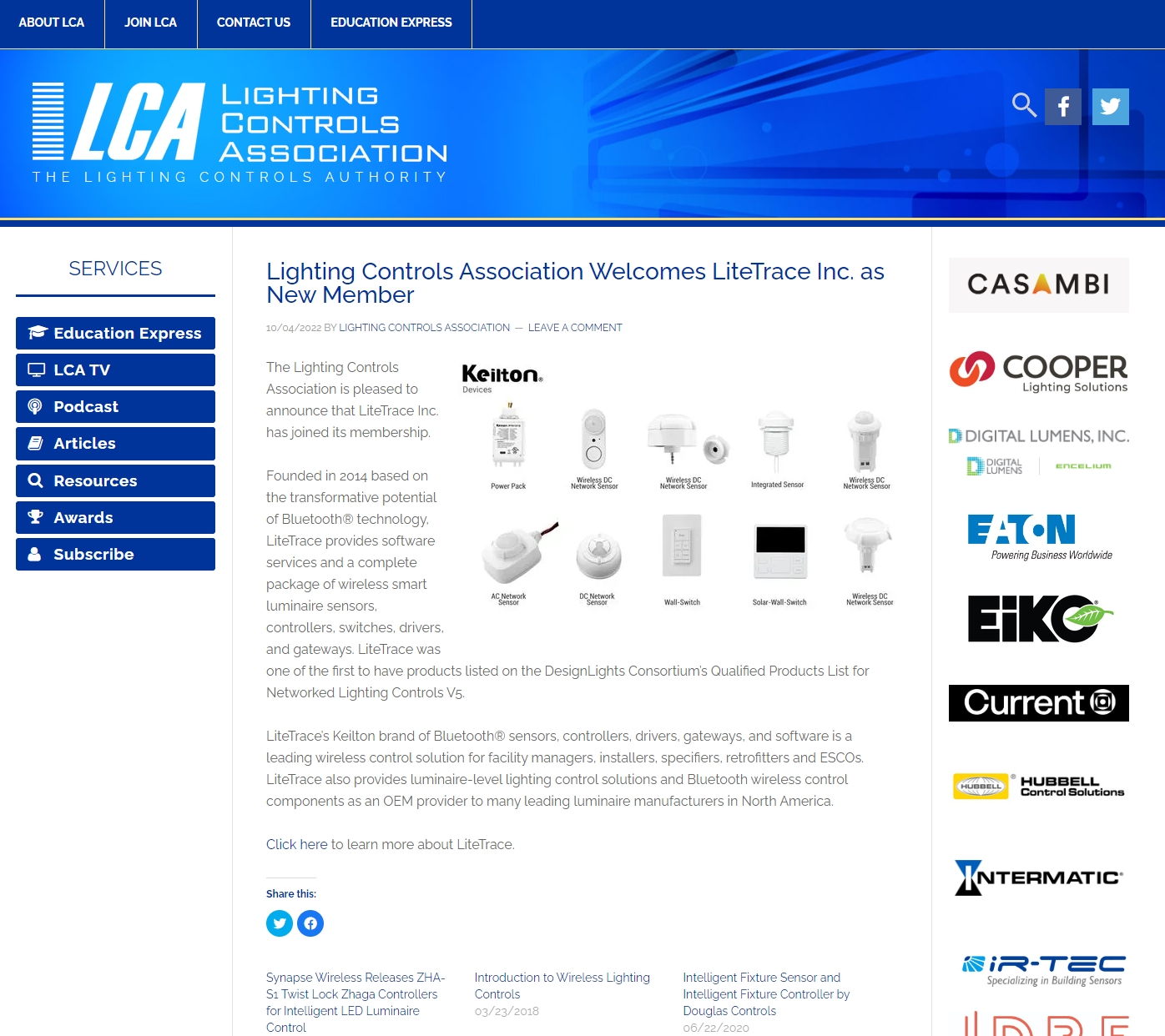 Lighting Controls Association Welcomes LiteTrace Inc. as New Member