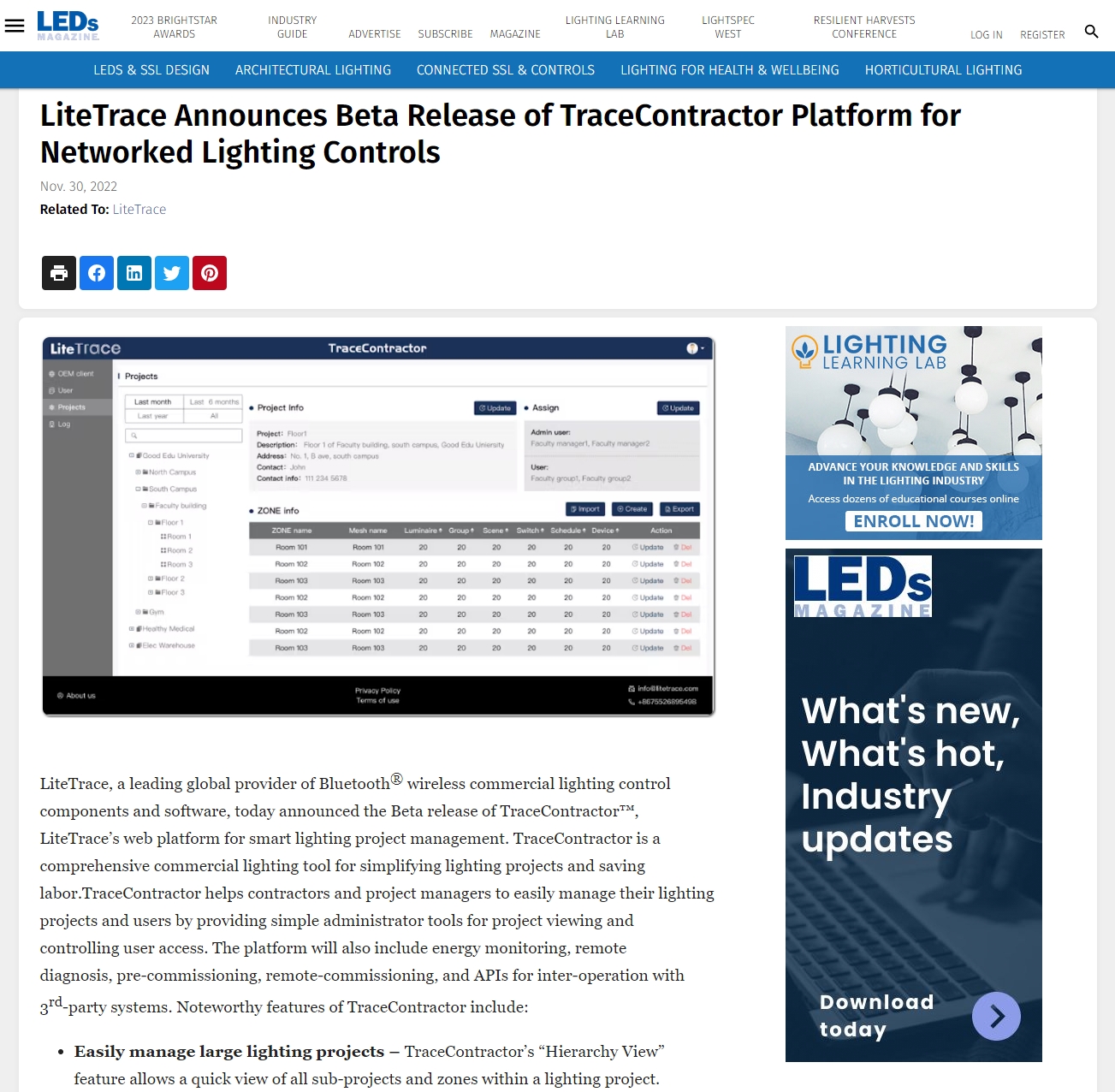 LiteTrace Announces Beta Release of TraceContractor Platform for Networked Lighting Controls